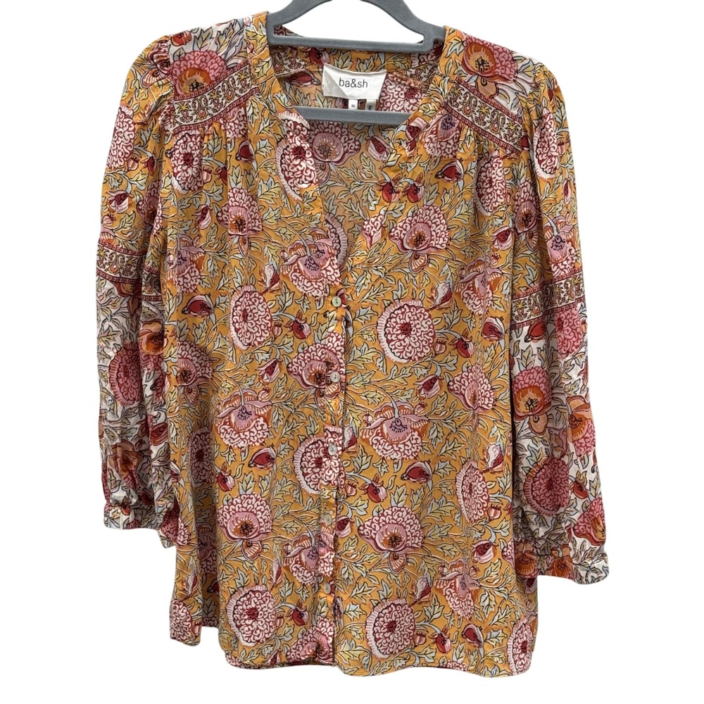ba&sh Vlad Floral Blouse Women Size M Ochre Yellow Long Sleeve Excellent